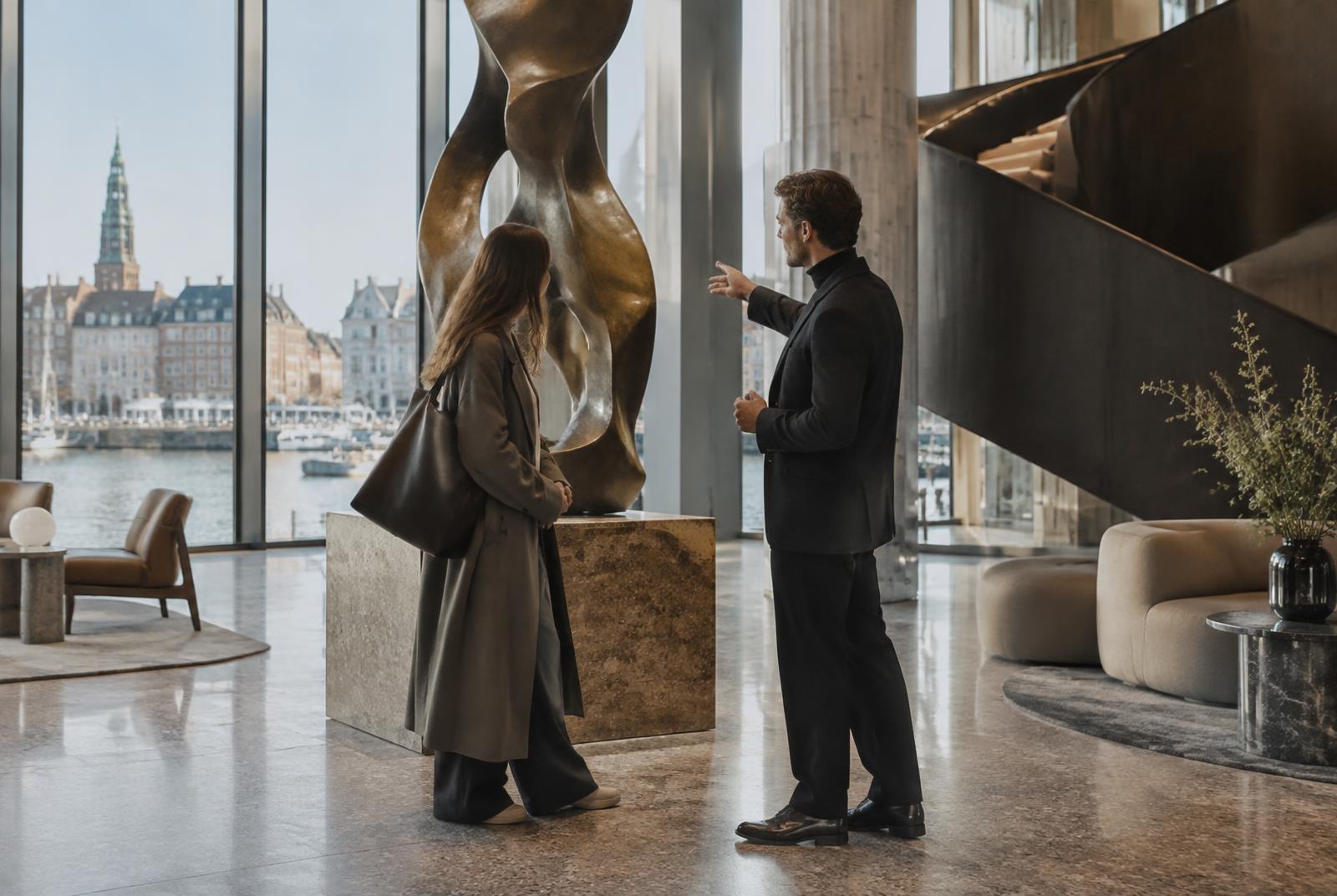A hotel representative introducing a visiting writer to distinctive artwork in a design-led city hotel