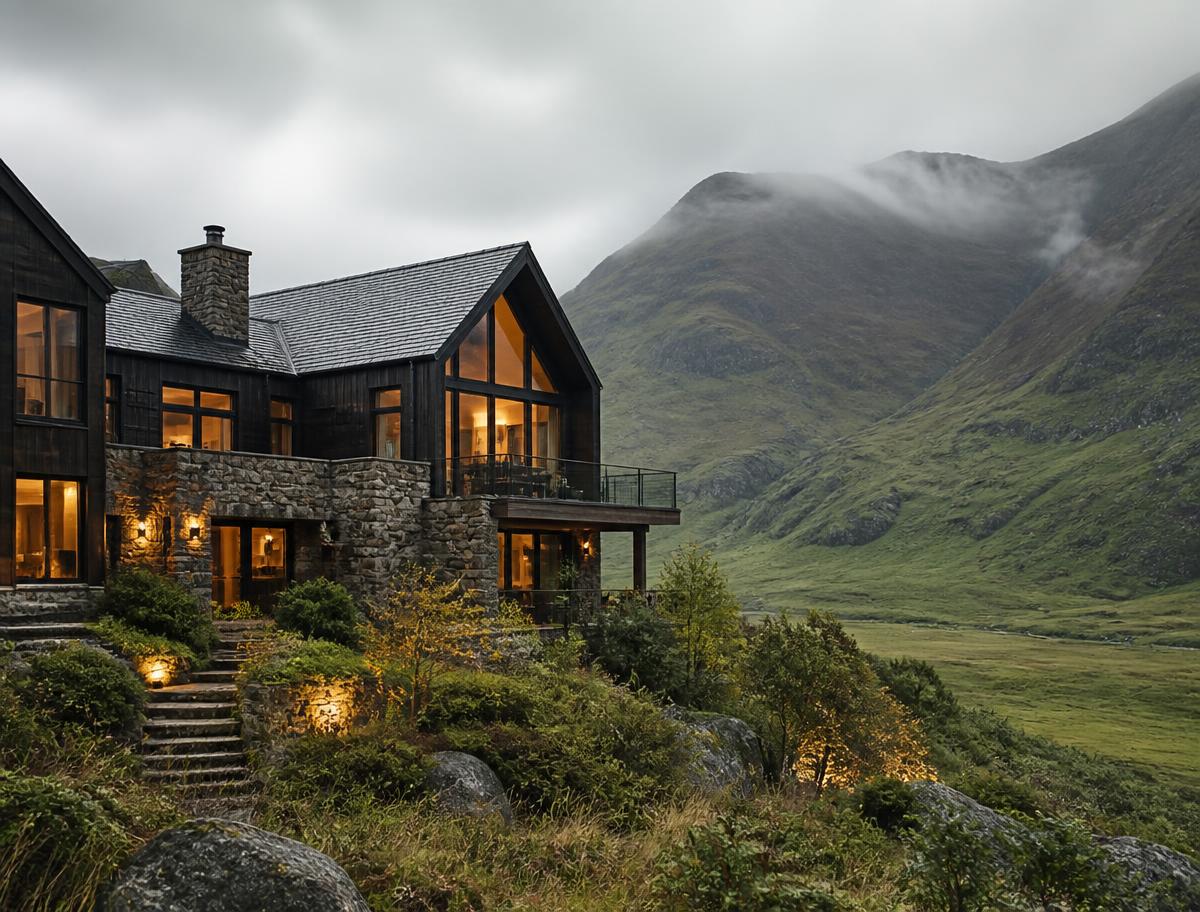 A distinctive hotel in the Scottish Highlands surrounded by dramatic hills