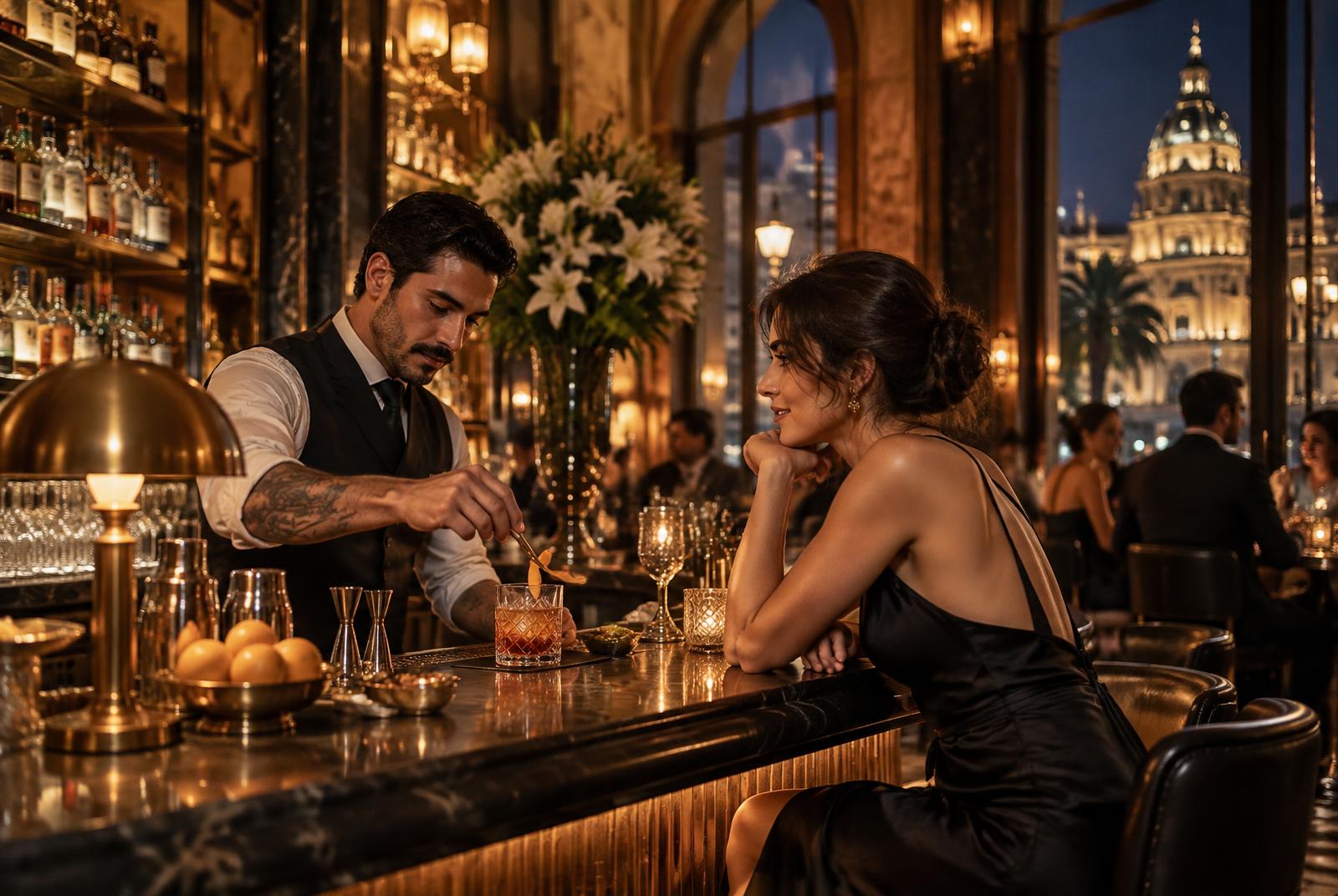A journalist meeting a hotel representative in a distinctive hotel bar