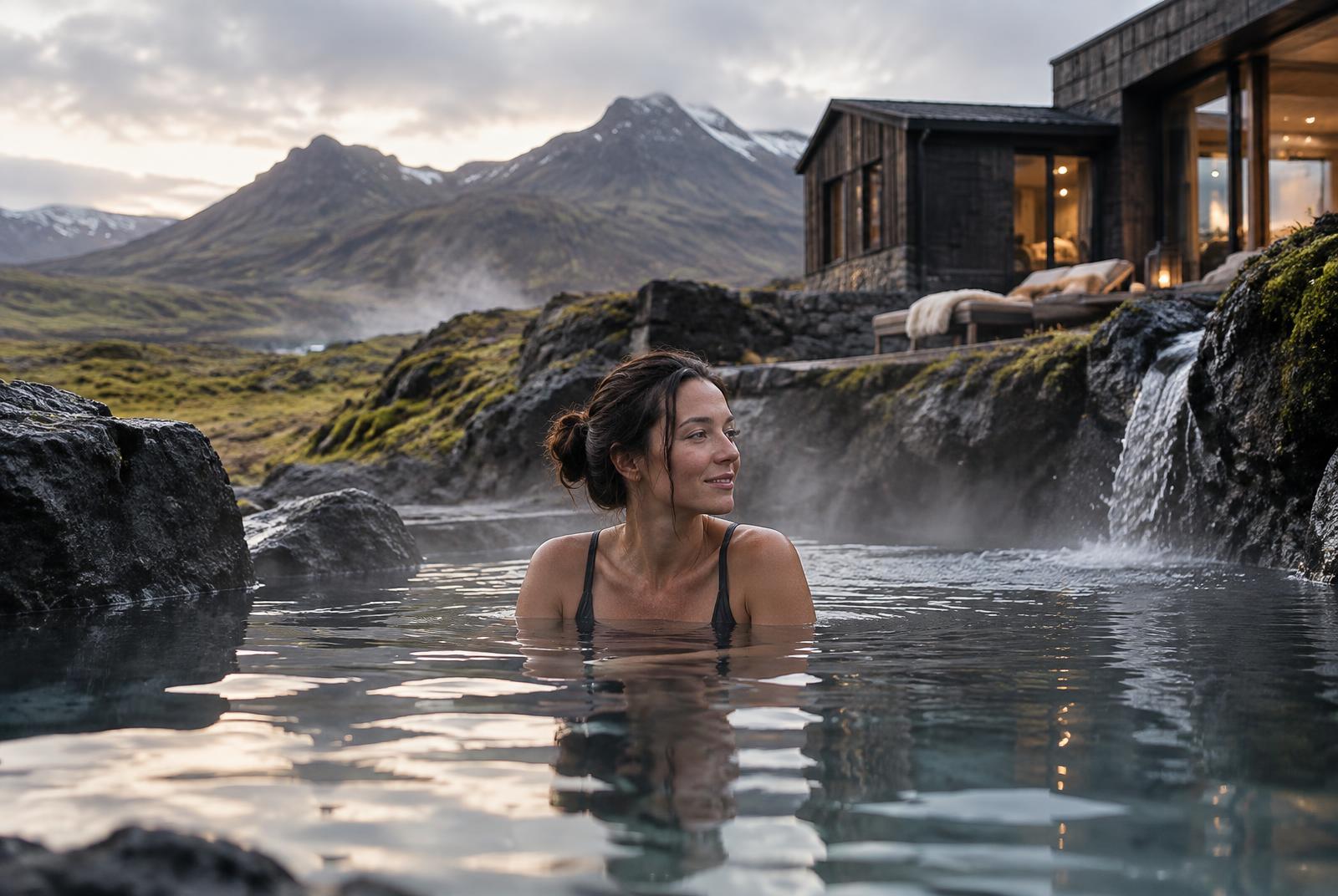 A guest experiencing a thermal pool at a mountain hotel wellness retreat
