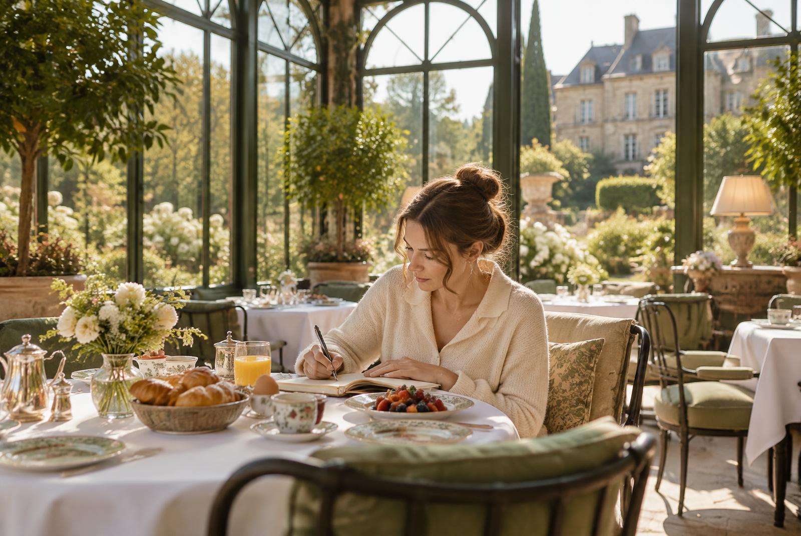 A travel writer taking notes over breakfast on a hotel terrace overlooking the coast