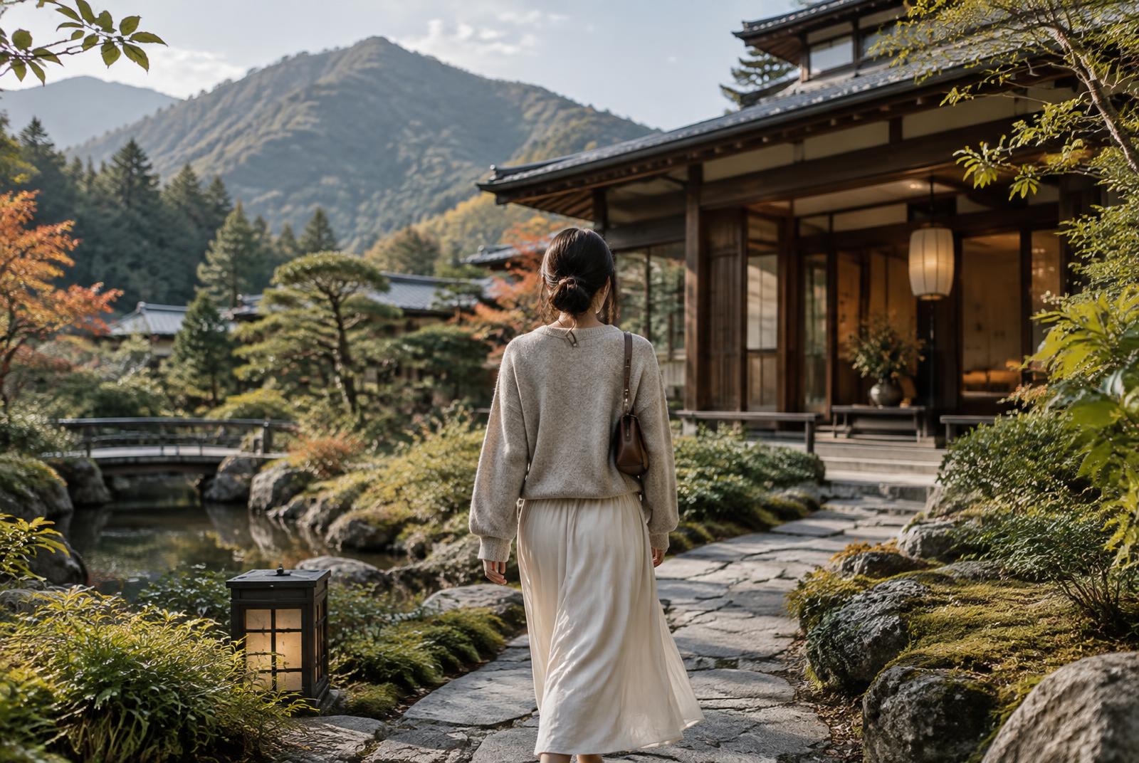 A visiting Storyteller exploring the garden of a Japanese inn